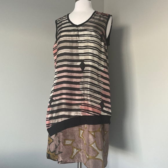 Alysi Silk Floral Striped A-line Cocktail Sleeveless Abstract Italy Dress - Picture 10 of 13